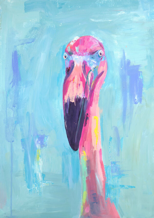 Pink painted flamingo on a light blue background